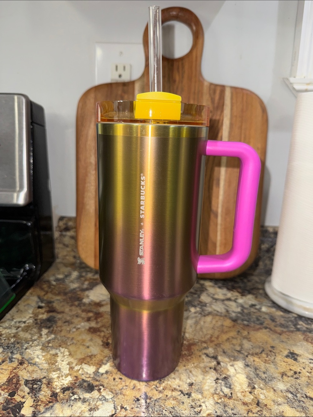 Stanley Iridescent Metallic Tumbler with Pink Handle an summer sunset